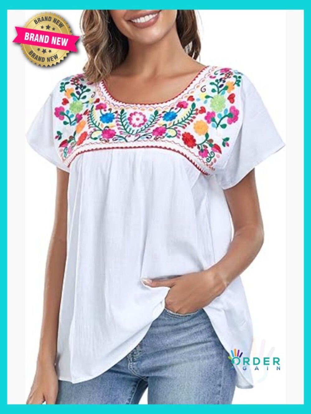 Embroidered Peasant Blouse Boho Chic Summer Short Sleeve Cotton Top